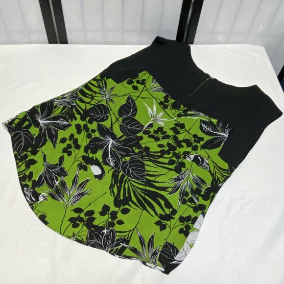 Worthington Banded Cap Sleeve Pleated Front Back Yoke Zip Top Black Green XL - Picture 9 of 12